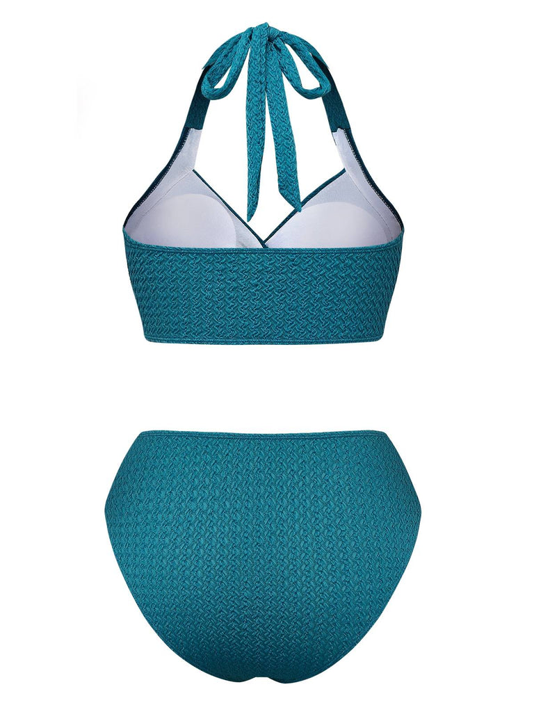 Grün 1930er Hohl Halter Strukturierter Stoff Bikini Set