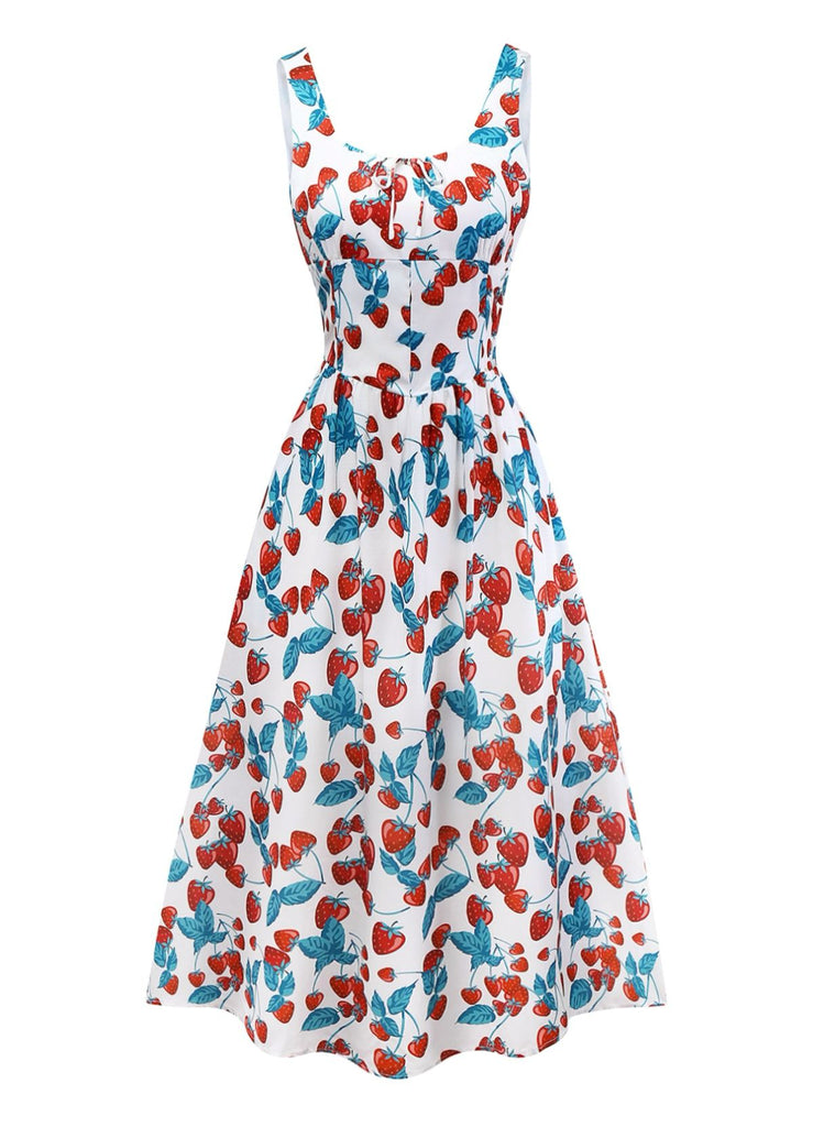 1950er Kirsche Quadratischer Hals Breite Träger Kleid
