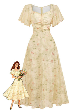 Elegantes gelbes Chiffonkleid im Vintage-Stil der 1930er Jahre mit zartem Schmetterlingsmuster und flatternden Ärmeln, perfekt für Gartenpartys und sommerliche Anlässe.