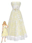 Gelb 1950er Blumen Bestickt Spitze Transparent Trägerloses Kleid