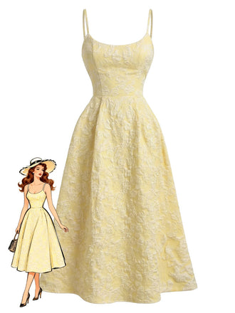 Gelbes ärmelloses Midikleid aus den 1950er Jahren