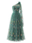 Grün 1930er Einseitrig Blumen Bestickt Tüll Maxi Kleid