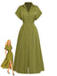Grün 1930er Revers Einreihig Schlitz Hemd Kleid