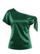 Elegantes grünes Satin-Top mit einer Schulter und verstellbarem Bindeknoten im Vintage-Stil der 1930er Jahre, perfekt für Cocktailpartys und elegante Abendgarderobe