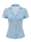 Hellblau 1950er Karo Revers Bluse