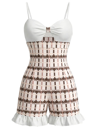 Hellbrauner 1950er Karierter Strampler mit Rüschen und Ausschnitten