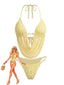 Hellgelb 1980er Transparent Halter Gerafft Bikini Set