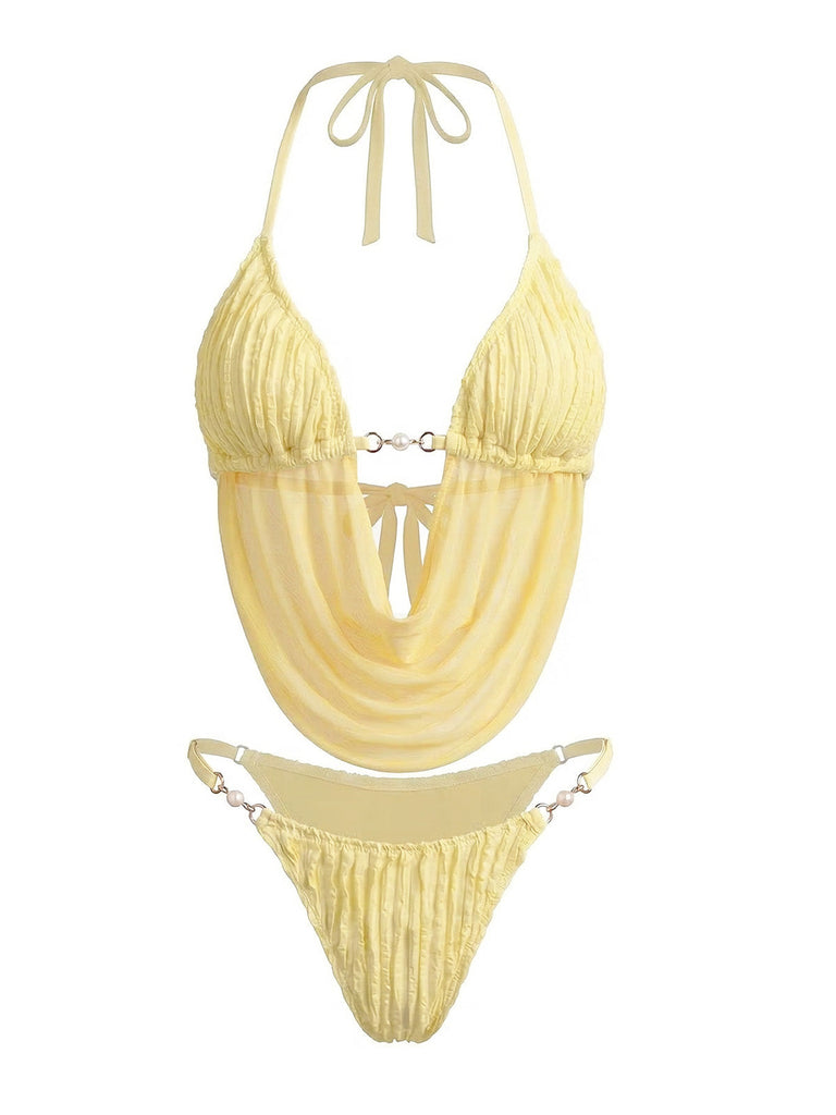 Hellgelber geraffter Bikini im Stil der 1980er Jahre – Vintage-Mode, Retro-Stil
