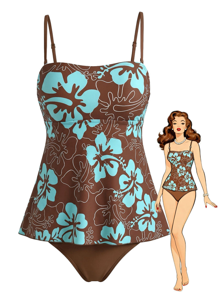 Vorderansicht eines braunen Tankini-Badeanzugs mit türkisfarbenem Hibiskusblütenmuster und Spaghettiträgern, illustriert mit einem Model im Vintage-Stil.
