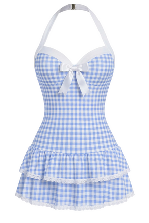 [Vorverkauf] Hellblau 1940er Halter Plaid Schleife Einteiliger Badeanzug