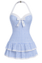 Hellblau 1940er Halter Plaid Schleife Einteiliger Badeanzug
