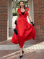 Rot 1930er Solide Tiefer V-Ausschnitt Satin Kleid