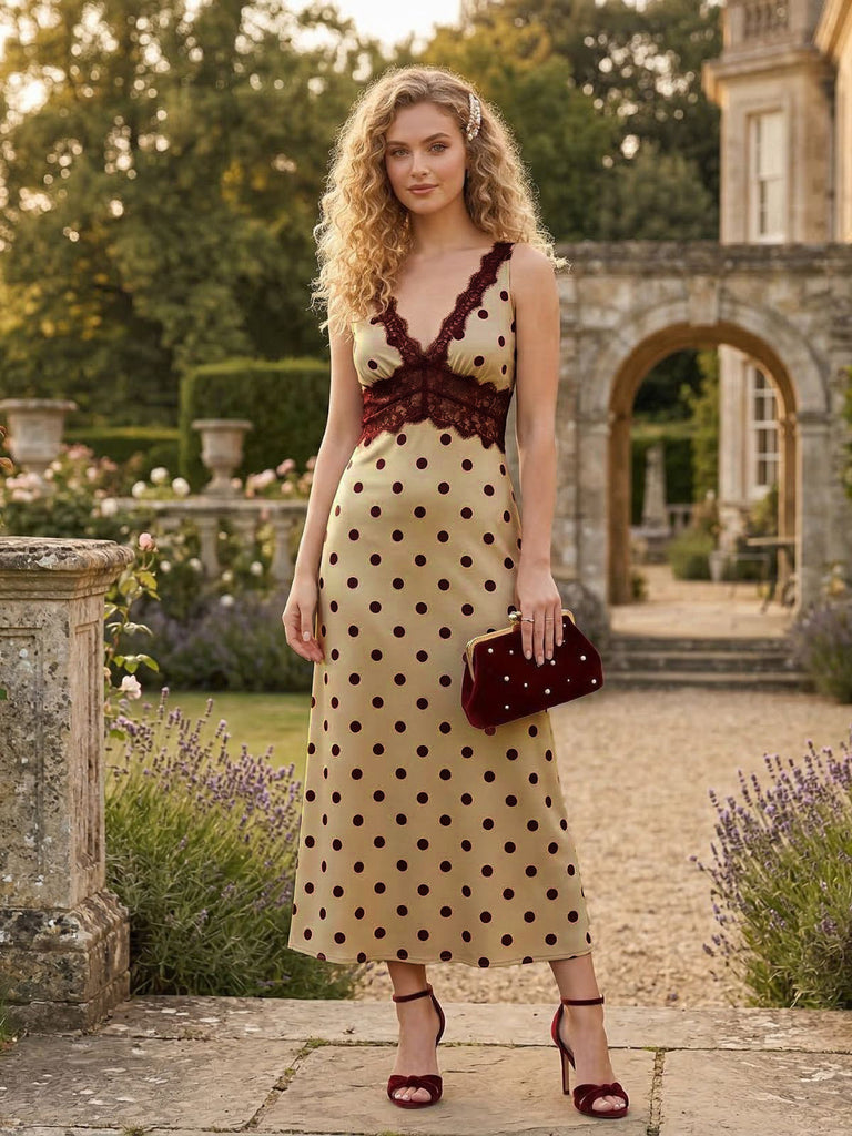 Dunkelkhakifarbenes Maxikleid im Stil der 1930er Jahre mit Polka-Dots und Neckholder aus Spitze