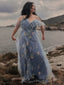 Blau 1970er Slip Blumen Besticktes Netz Schlitz Kleid