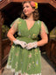 Grün 1950er Blumen Puffärmel Netz Bestickt Kleid