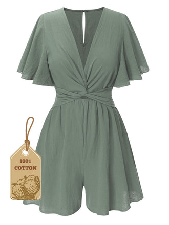 Grün 1950er Solide V-Ausschnitt Baumwolle Volantärmel Romper