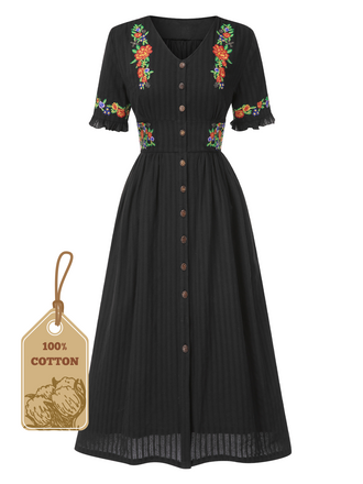 Schwarz 1940er V-Ausschnitt Knöpfen Baumwolle Blumen Kleid