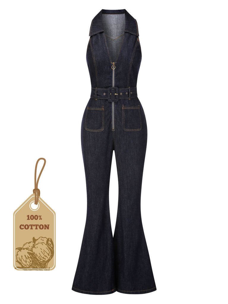 [Vorverkauf] Blau 1970er Baumwolle Denim Ausgestellter Jumpsuit