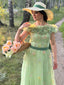 Grün 1930er Blumen Bestickt Netz Trägerloses Kleid