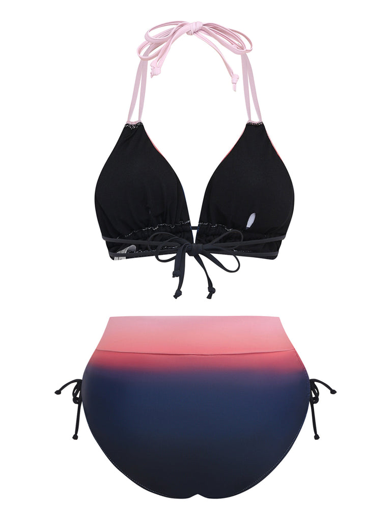 Rückansicht des Ombré-Bikini-Sets, bei der die Neckholder-Bänder und die vollständige Bedeckung des Rückens durch das hochgeschnittene Höschen hervorgehoben werden.