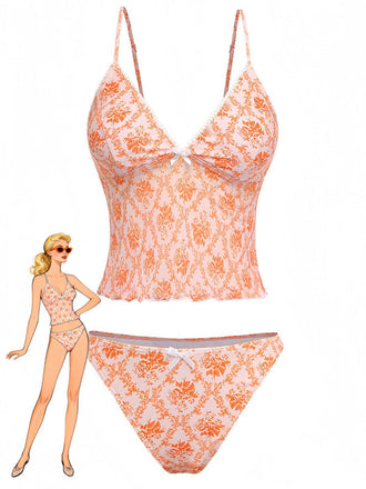 Vintage-Tankini-Badeanzug in Orange aus den 1970er Jahren mit tiefem V-Ausschnitt und zartem Blumenmuster, perfekt für Strandurlaube und zum Entspannen am Pool.