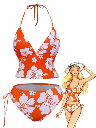 Orange 1970er Tropisch Blumen Halter Tankini Set