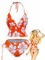 Orange 1970er Tropisch Blumen Halter Tankini Set