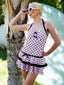 Rosa 1940er Polka Dot Halter Bogen Einteilig Badeanzugkleid