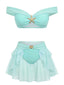70er Bikini-Set mit Jasmin, schulterfrei und Rüschen in Türkis