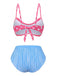 Rückansicht des Bikini-Sets, bei der der Bindebandverschluss des rosa gepunkteten Oberteils und die vollständige Bedeckung durch das gestreifte Höschen hervorgehoben werden.