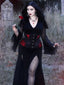 Schwarz 1980er Gothic Schlitz Ausgestellte Ärmel Spitze Kleid
