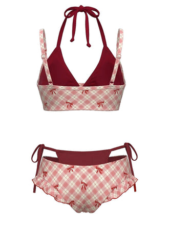 Retro Stage rot-kariertes Neckholder-Bikini-Set mit zwei Lagen und Schleifendetails für einen Vintage-inspirierten Bademoden-Look
