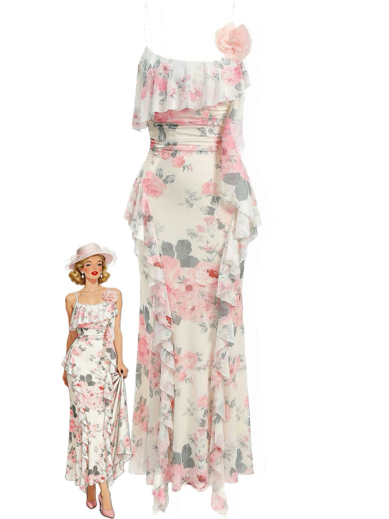 Ein cremefarbenes Maxikleid mit romantischem rosa Rosenmuster, zarten Spaghettiträgern und Rüschenausschnitt, abgebildet mit einer Retro-Modeillustration.
