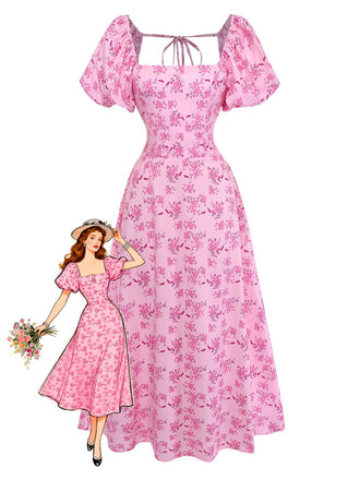 Ein rosafarbenes Midikleid mit eckigem Ausschnitt, Puffärmeln und einem floralen Vintage-Print, abgebildet mit einer Retro-Modeillustration.