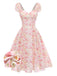 [Vorverkauf] Rosa Chiffonkleid mit Blumenmuster und Schleife im Stil der 1950er Jahre