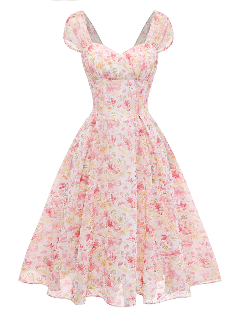 [Vorverkauf] Rosa Chiffonkleid mit Blumenmuster und Schleife im Stil der 1950er Jahre, Größe 2
