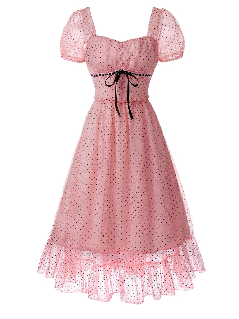 Rosa 1950er Polka Dot Rüschen Netz Kleid