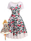 Rosa 1950er Rose & Grün Blatt Swing Kleid