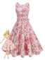 Rosa 1950er Rundhals Rosen Gürtel Kleid
