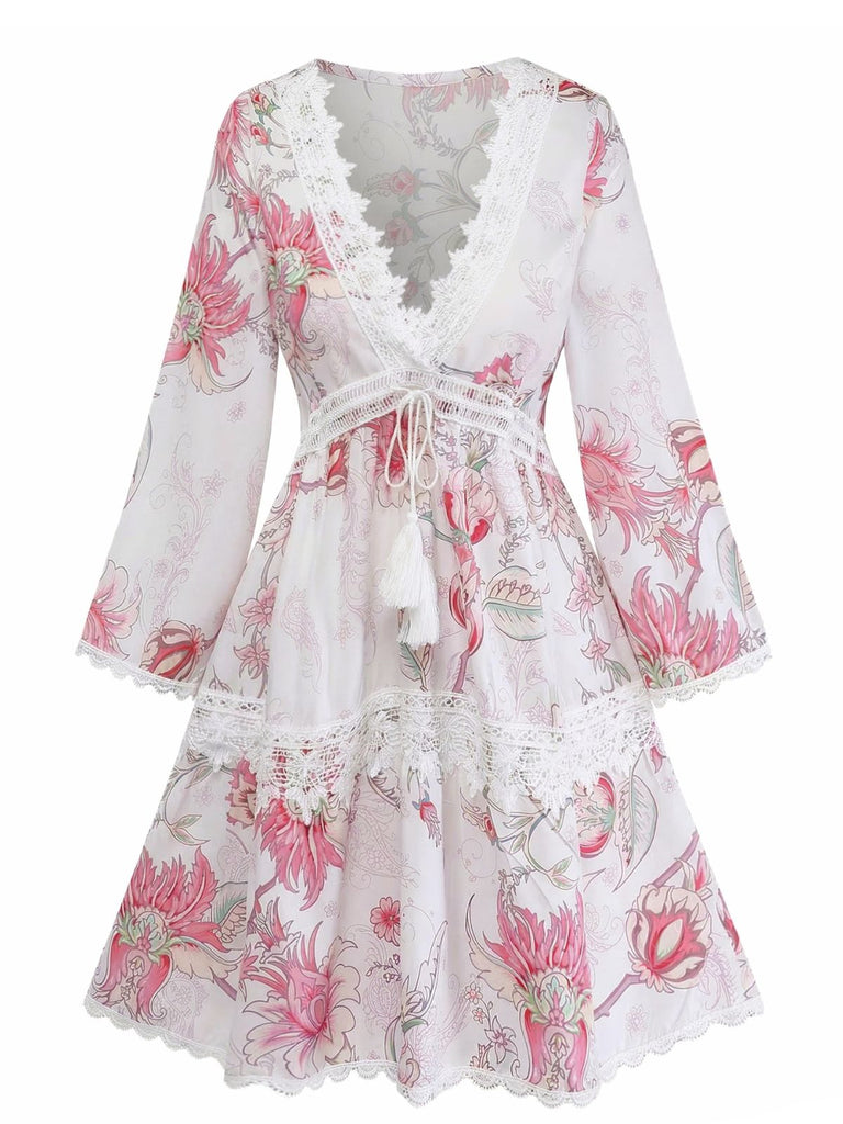 Rosa 1960er Blumen Cutout V-Ausschnitt Spitze Kleid