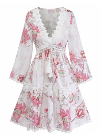 Rosa 1960er Blumen Cutout V-Ausschnitt Spitze Kleid