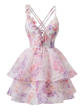 Pink 1960er Plunging 3D Blume Gestuft Rückenfreies Minikleid