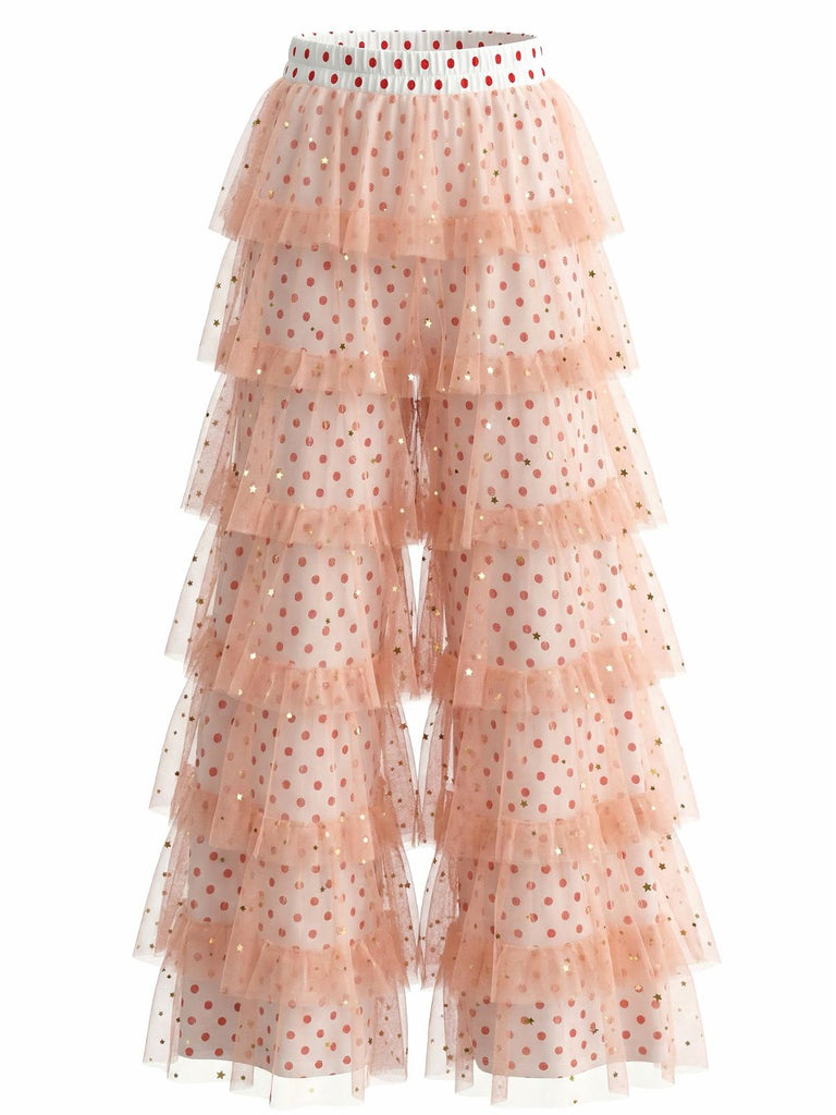 Rosa 1970er Polka Dot Tüll Gestuft Rüschen Hose