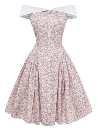 Rosa-weißes Swingkleid im Stil der 1950er Jahre mit Farbblockmuster und Reverskragen – Vintage-Kleid, Retro-Mode, Rockabilly