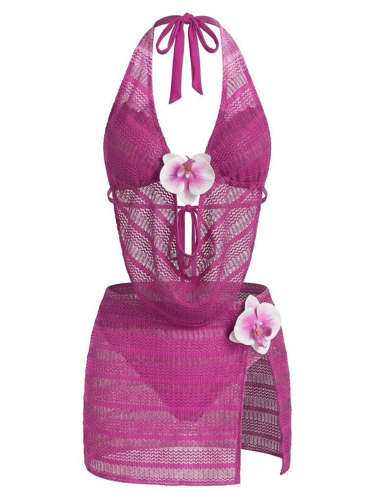 Rosenrot 1950er Halter Cutout Bikini Set & Cover-Up