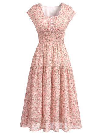 Rotes Chiffonkleid mit Blumenmuster und Raffungen im Stil der 1940er-Jahre – Vintage-Kleid, Retro-Mode, elegantes Rot