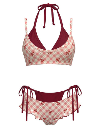 Retro Stage rot-kariertes Neckholder-Bikini-Set mit zwei Lagen und Schleifendetails für einen Vintage-inspirierten Bademoden-Look