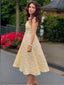 Gelb 1950er Blumen Jacquard Strukturiert Spaghetti Träger Midi Kleid