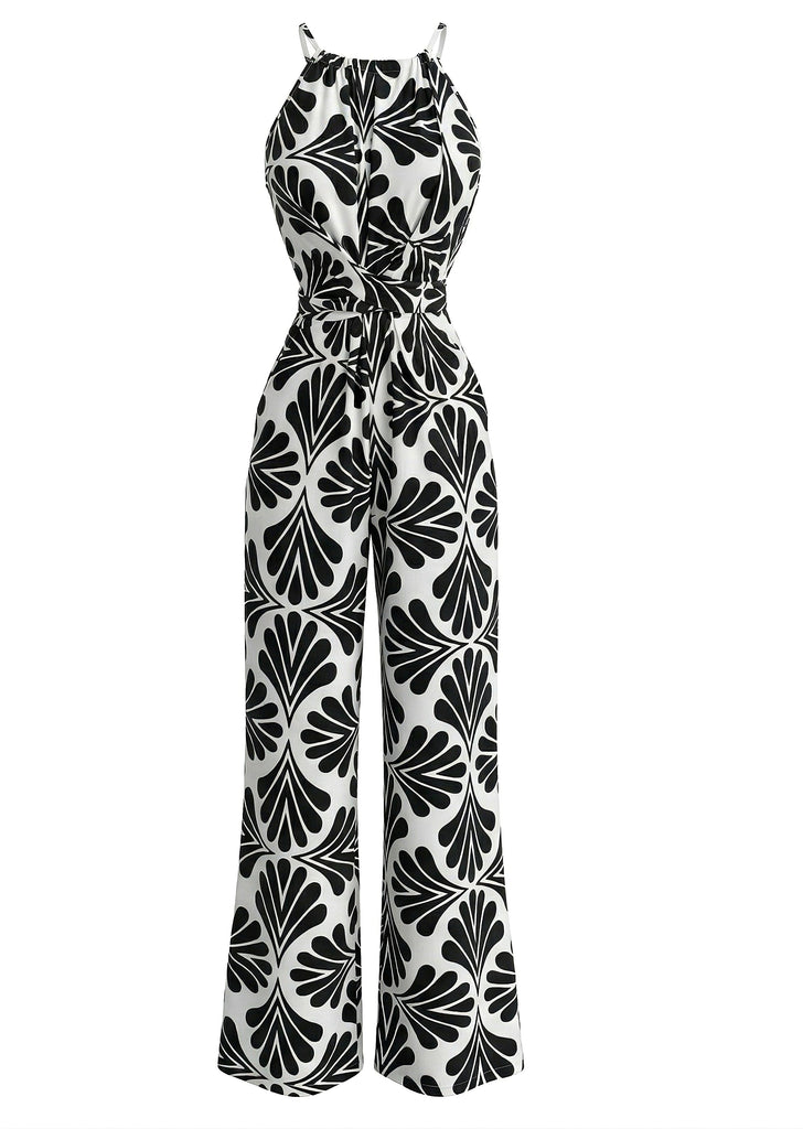 Schwarzer Jumpsuit mit Neckholder, abstraktem Muster und Gürtel im Stil der 1930er Jahre, Größe 2