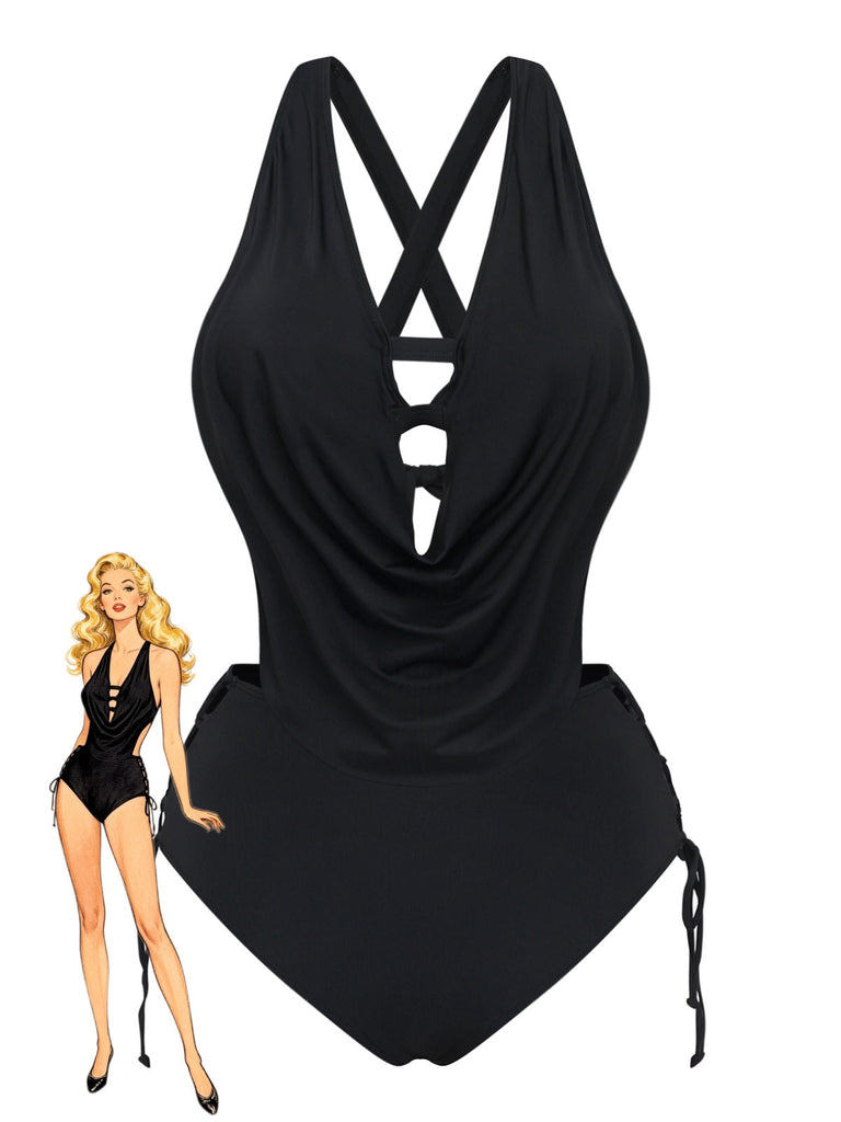 Schwarzer Vintage-Tankini mit gekreuzten Cut-out-Details und Schnürung im Stil der 1940er Jahre